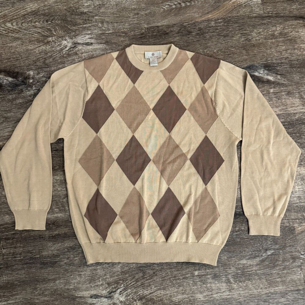 Bobby Chan Men's Argyle Crewneck Sweater Tan Brown Knit Pullover Long Sleeve L